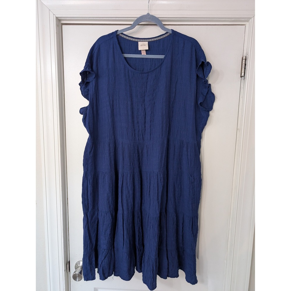 Knox Rose Navy Blue Textured Tiered Dress Ruffle Sleeve Plus Size XXL boho‎